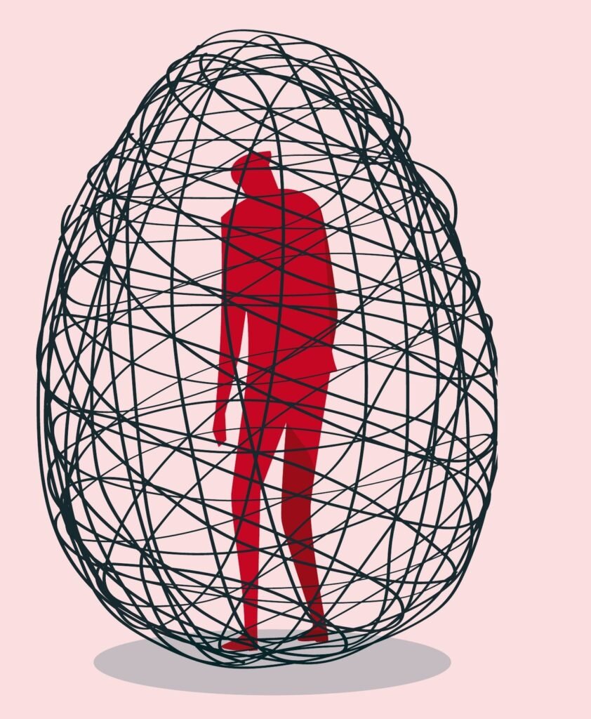 Illustratie van een rode mensfiguur gevangen in een kluwen zwarte lijnen, gevormd als een eivormige kooi