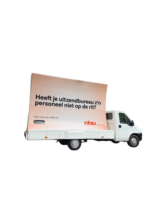 Witte bestelwagen met reclamebord op de laadbak met tekst over uitzendbureaus en personeel