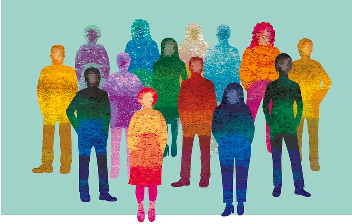 Illustratie van een groep mensen in felle, uiteenlopende kleuren die samen als groep staan opgesteld
